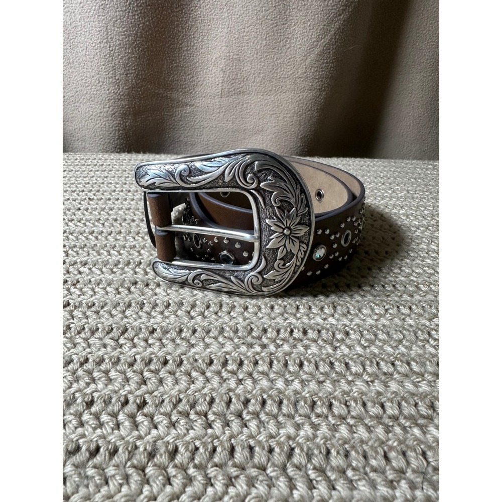 Western Brown Leather Rhinestone Studded Belt Medium Floral Engraved Buckle
